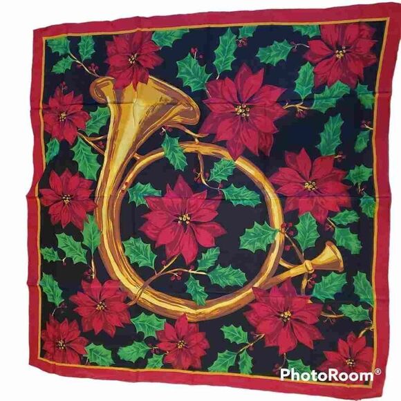 Vintage Silk Poinsettia Horn Holiday Scarf - Picture 3 of 8